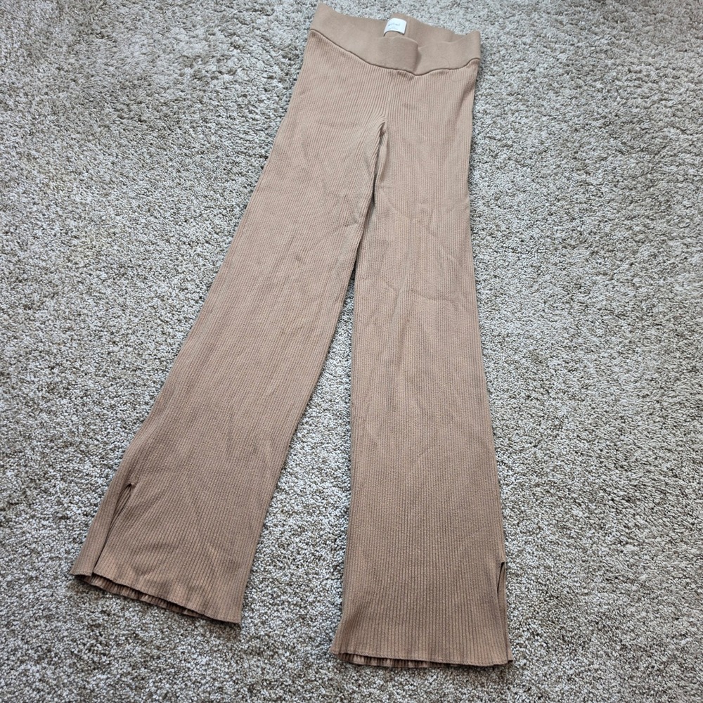 Wilfred Aritzia Ribbed Wide Leg Pants Womens 2XS Tan Slit Hem 120801 - Picture 2 of 13